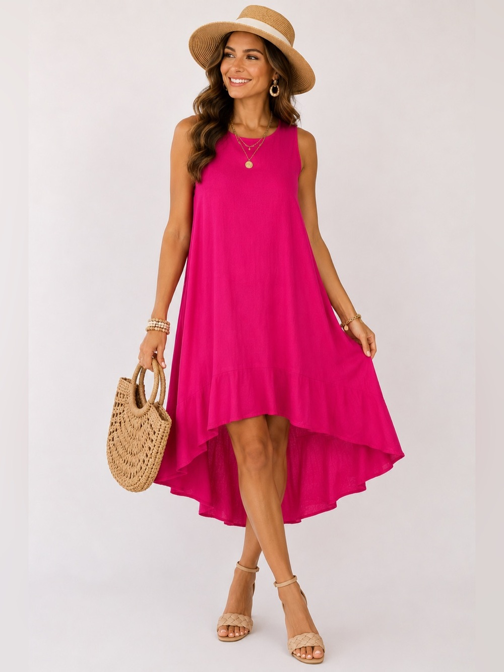 For Cynthia Hot Pink Sleeveless Linen Blend Swing Dress Women’s Size S